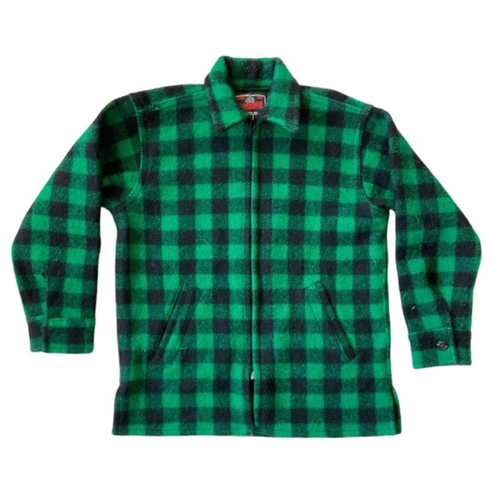 VINTAGE WOOL 80s Jacket Chore Coat Jacket Green Black Plaid Sweater